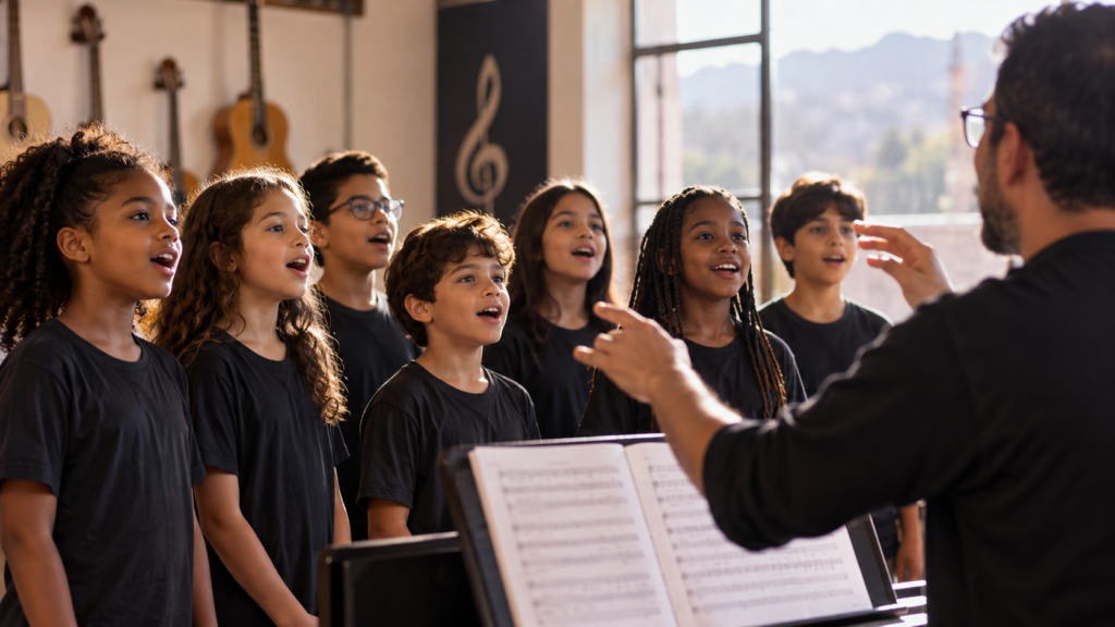 Crianças participando de aula de canto gratuita com professor de música em projeto social da SABRA em Betim.