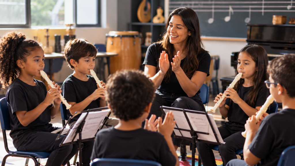 Crianças participando de aula de musicalização infantil com flautas e acompanhamento de professora em curso gratuito da SABRA em Betim.
