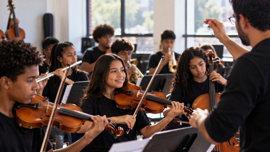 Jovens participando de aula de música com violinos, violoncelo, flauta e instrumentos de sopro em projeto social gratuito da SABRA em Contagem.