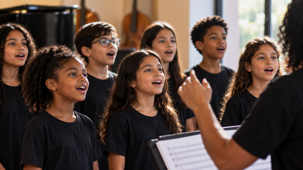 Crianças participando de aula de canto gratuita com regência de professora em projeto social da SABRA em Contagem.